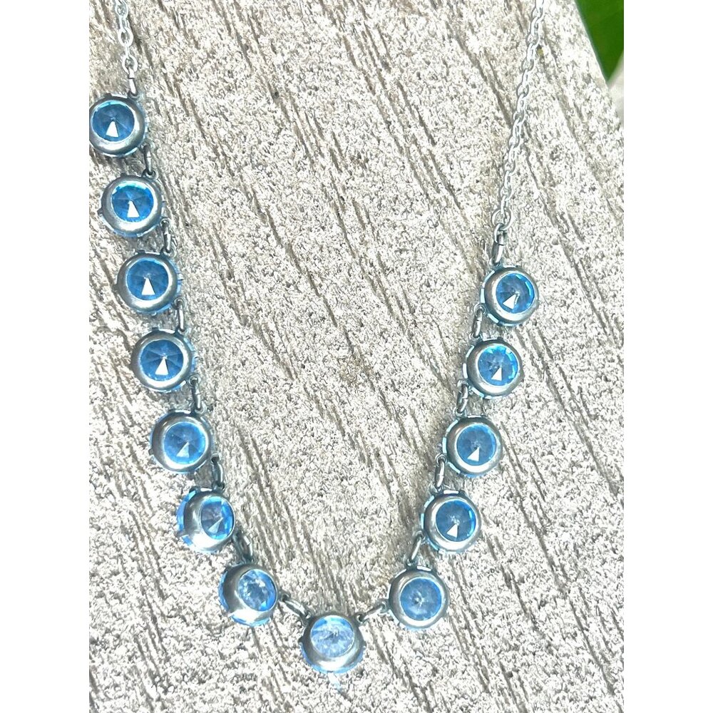 Blue Art DEco Crystal Necklace Choker & Dangle Earrings Set 1930s Open Back Bril - Picture 6 of 11